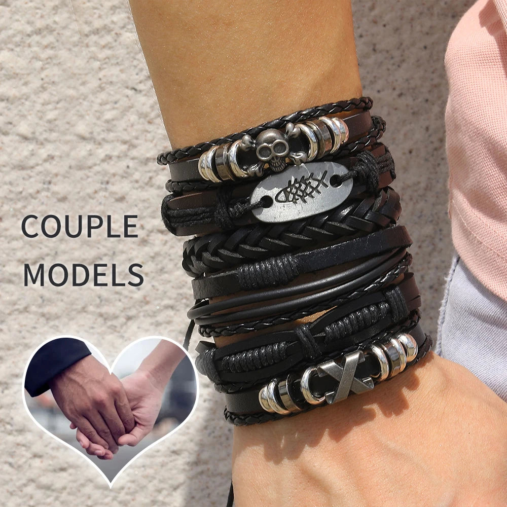 Valknut Bond – Leather Bracelet Stack for Lovers
